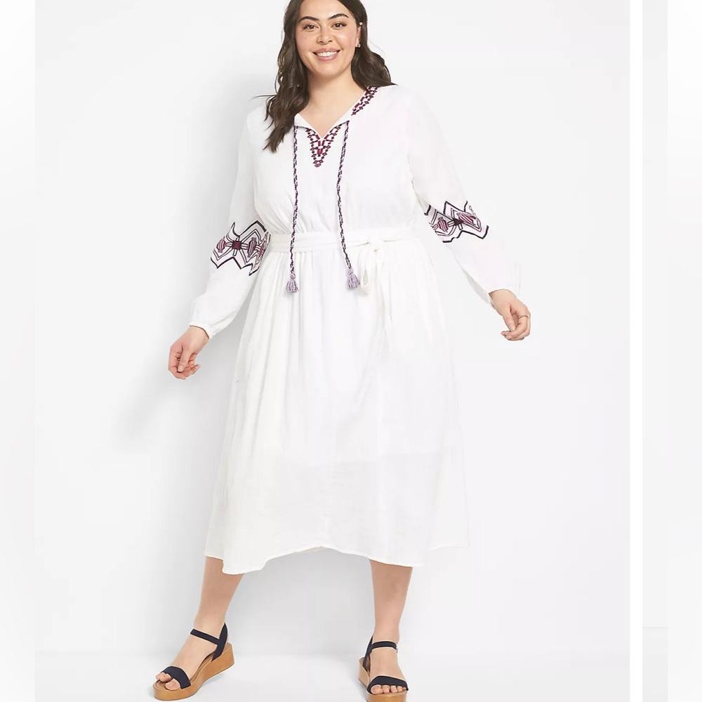 Lane Bryant Boho White & Purple Embroidered Tassel Midi Dress Sz 26 NEW